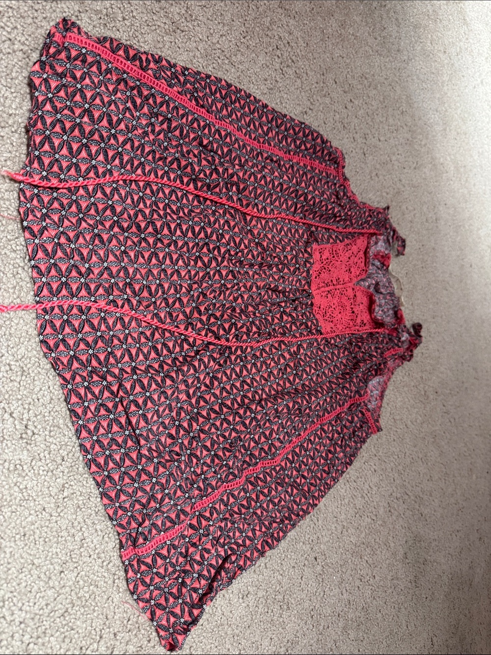 Solitaire Coral and Black Geometric Lace Yoke Top